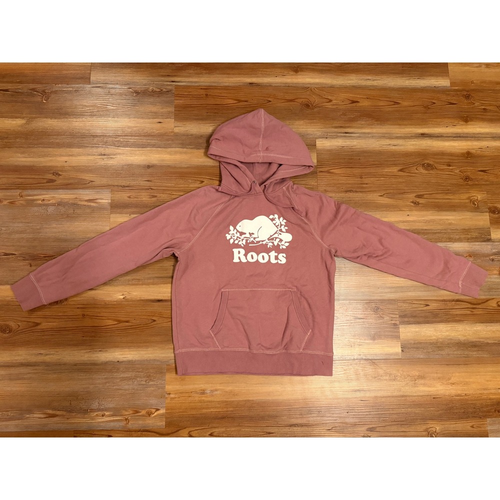 Roots Women Dusty Rose Pink Beaver Logo Raglan Pullover Hoodie Sweatshirt Size M
